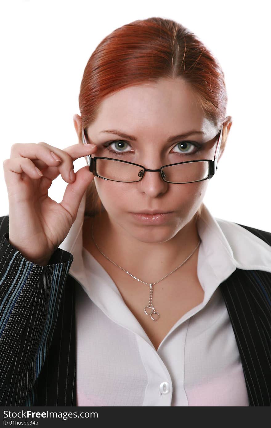 Portrait of the beautiful business woman on a white background