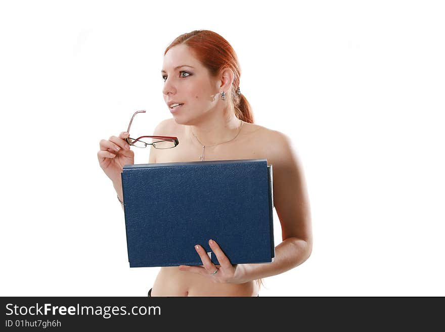 The naked red-haired secretary with a folder of documents