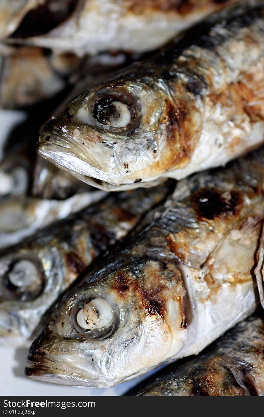 Close view of some grilled sardines on the plate.