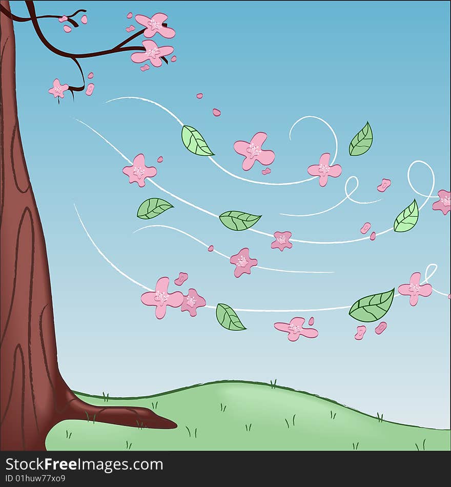 This is a  illustration of cherry blossoms blowing in the wind. This is a  illustration of cherry blossoms blowing in the wind