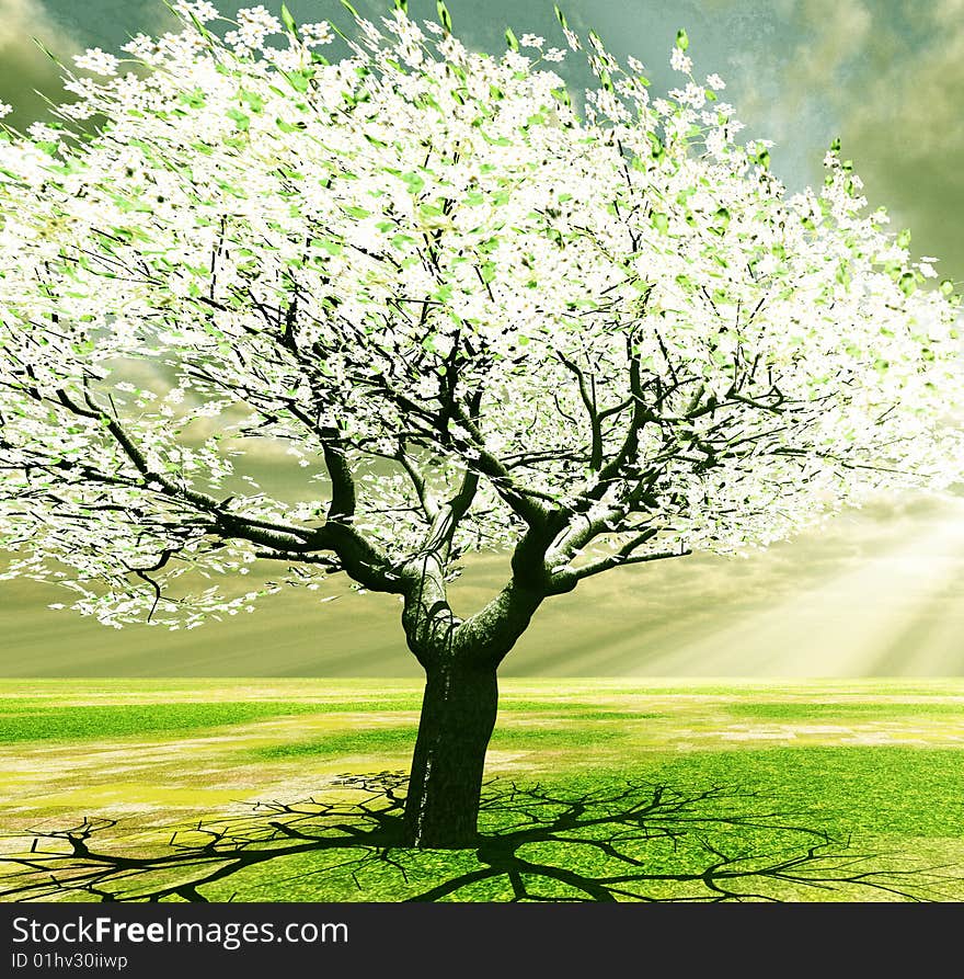 Blossoming tree in the god rays