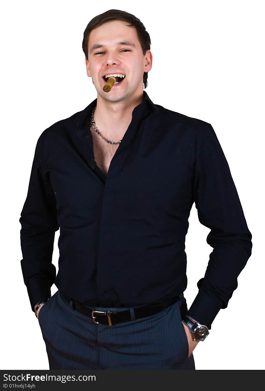 Man in black with cigar isolated over white with clipping path