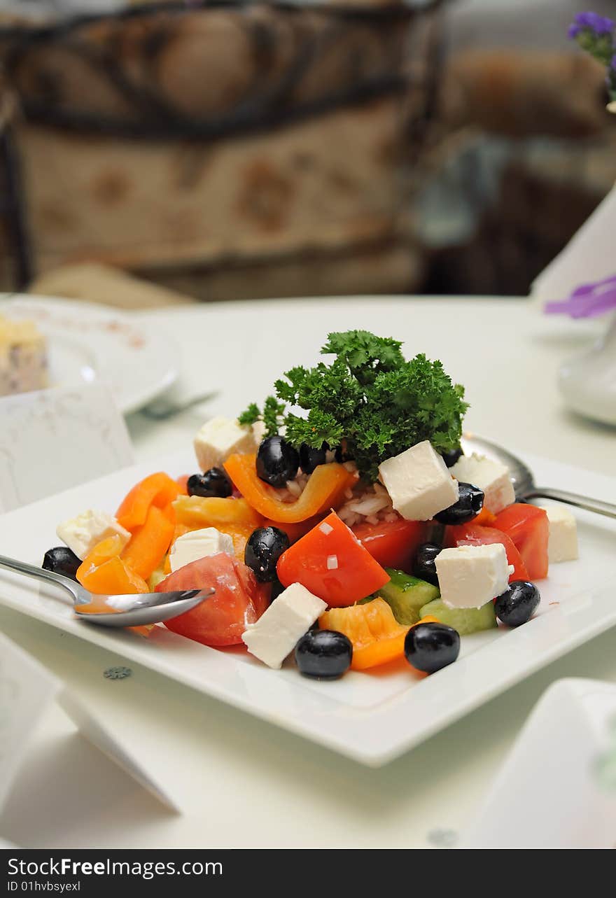 Greek salad in plate on a table