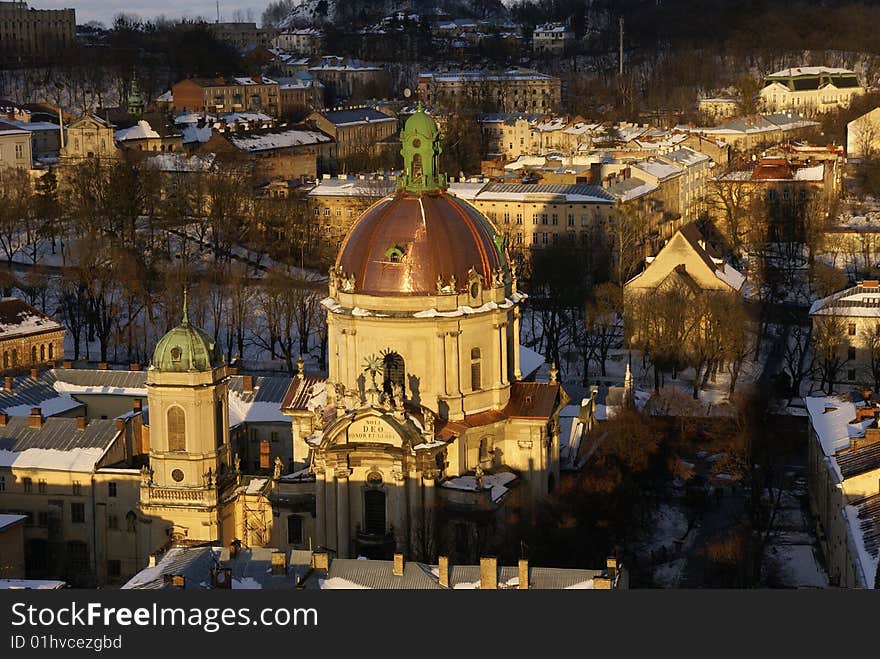 Lvov in the winter at a sunset. Lvov in the winter at a sunset