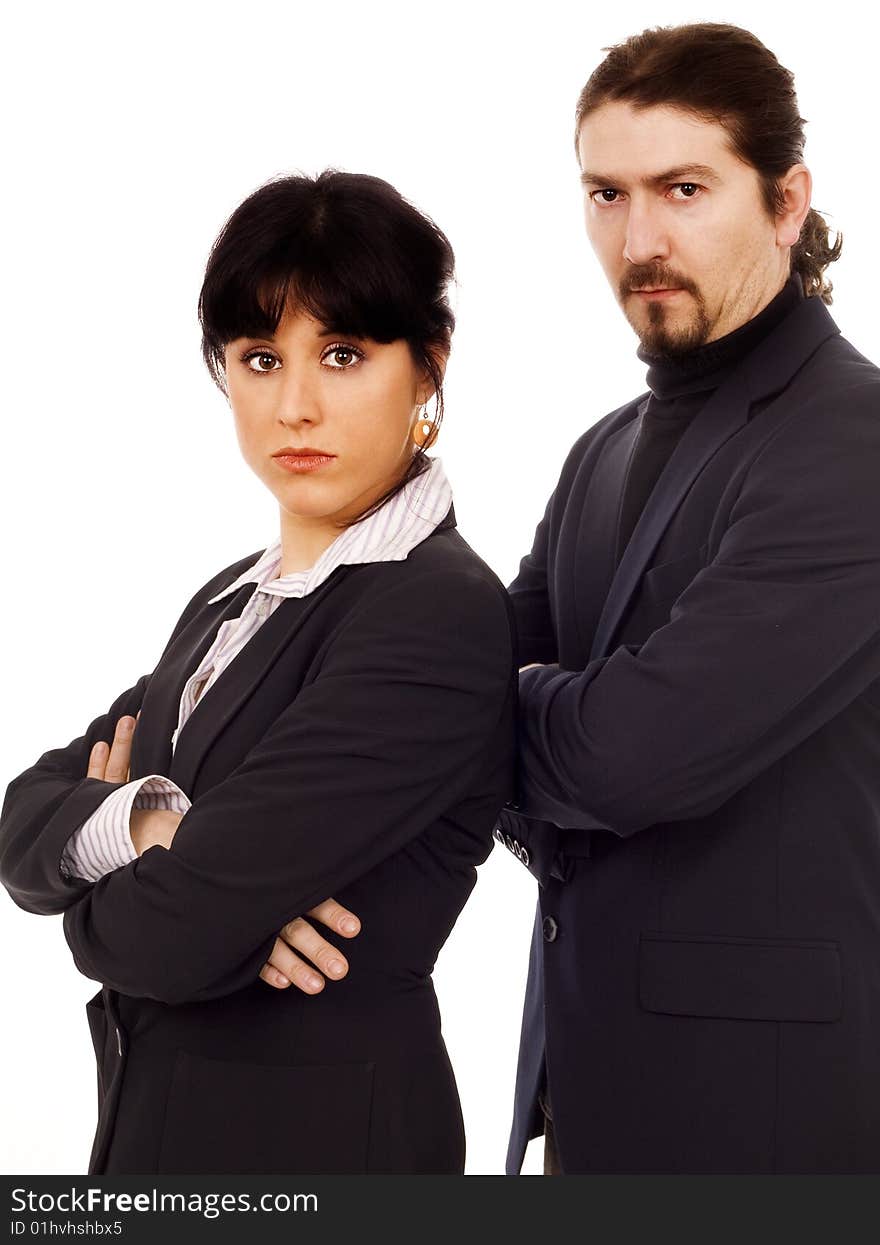 Woman and man business couple serious white isolate. Woman and man business couple serious white isolate