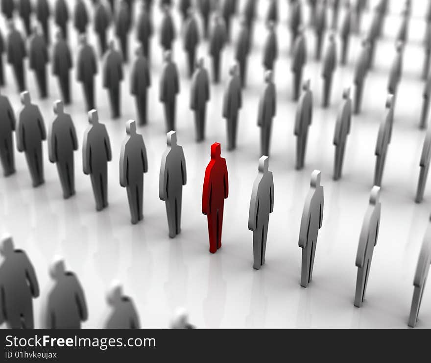 Individuality. Red painted men in a row. 3D render