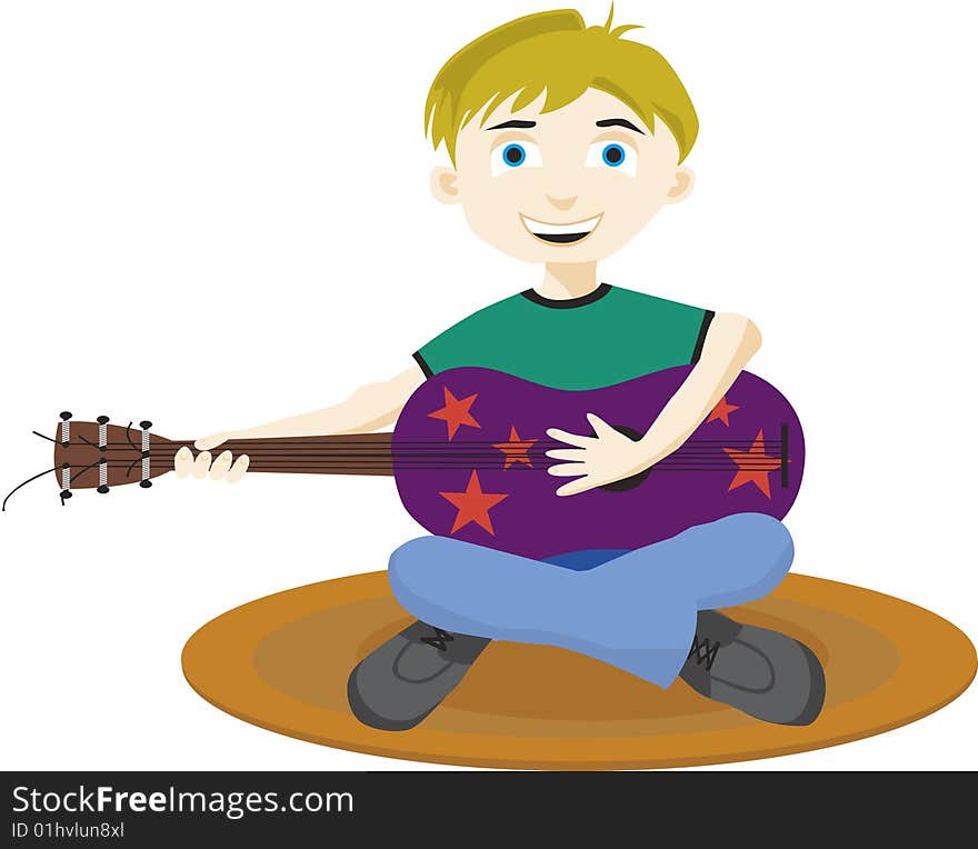 Vector illustration of a boy playing a purple guitar. Vector illustration of a boy playing a purple guitar.