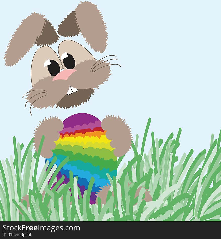 Happy fluffy bunny and easter rainbow egg