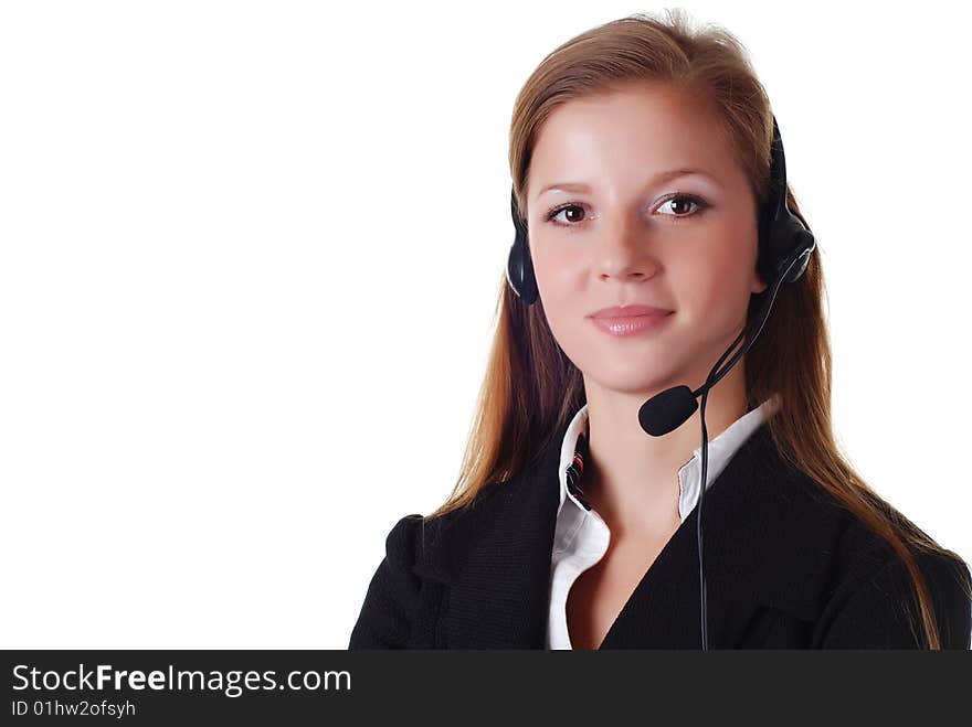 Beautiful woman with headphones on white background