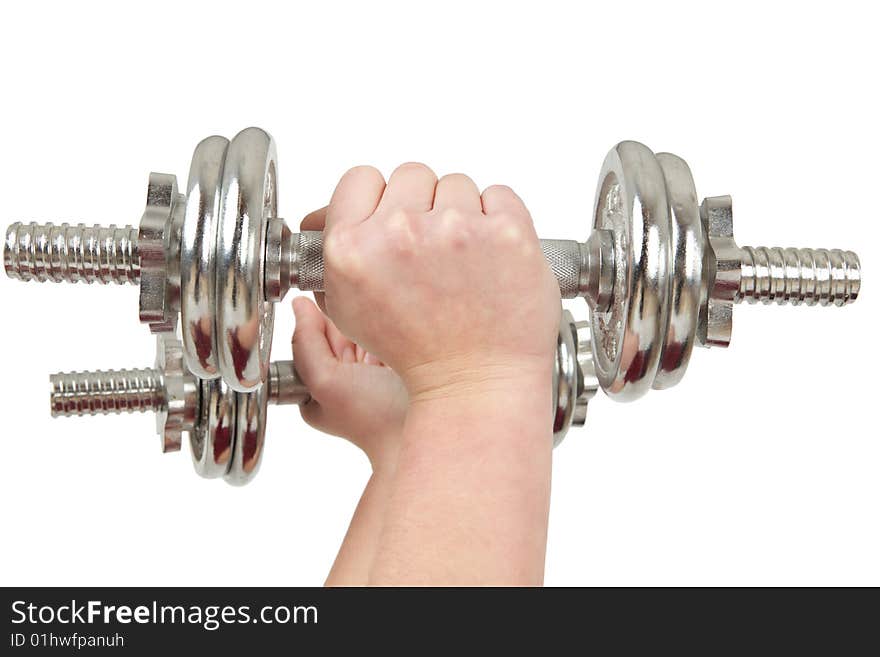 Two hands holding silver barbells. Two hands holding silver barbells