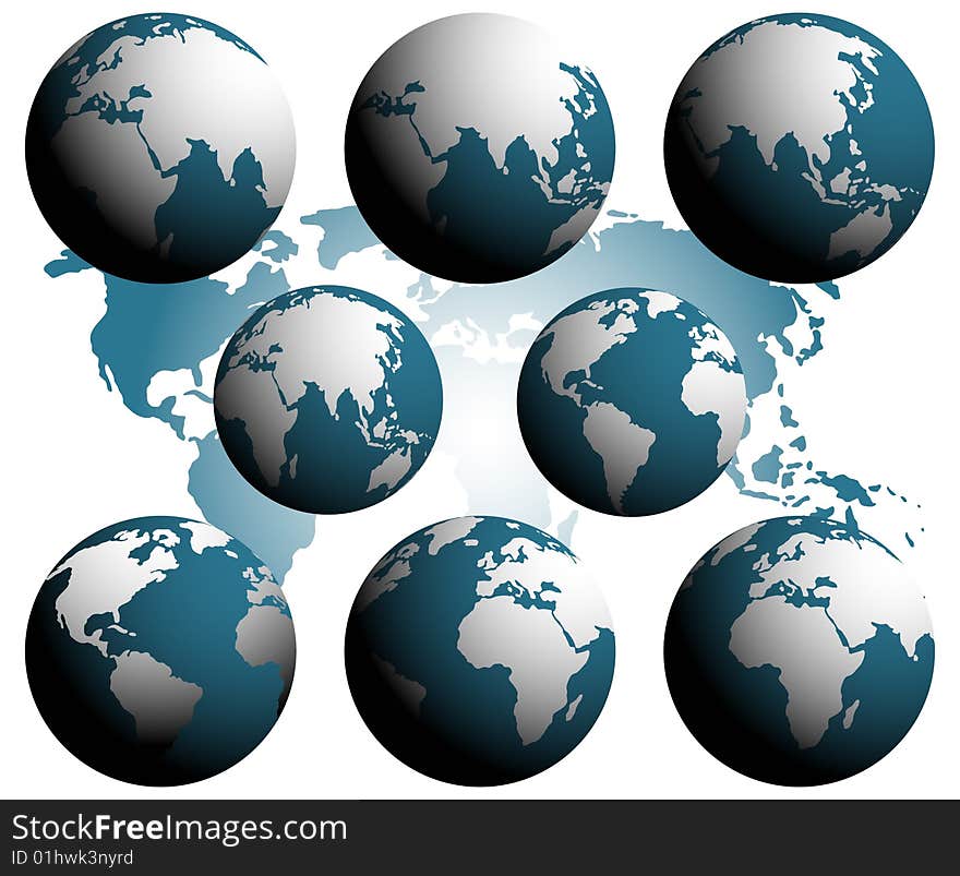 Earth globes over continents. To see similar please visit my gallery.