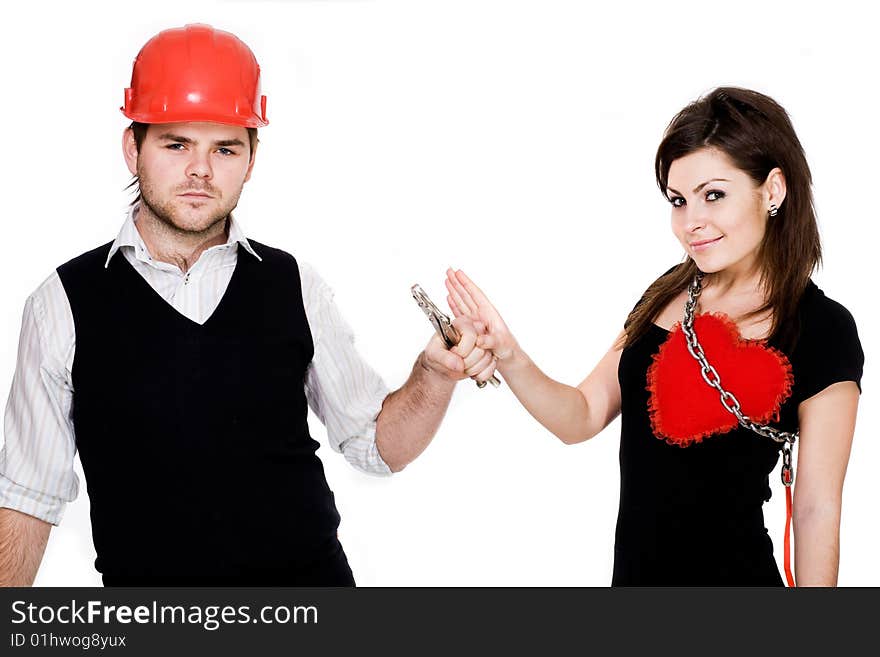 Stock photo: an image of man in a cap and woman with heart. Stock photo: an image of man in a cap and woman with heart