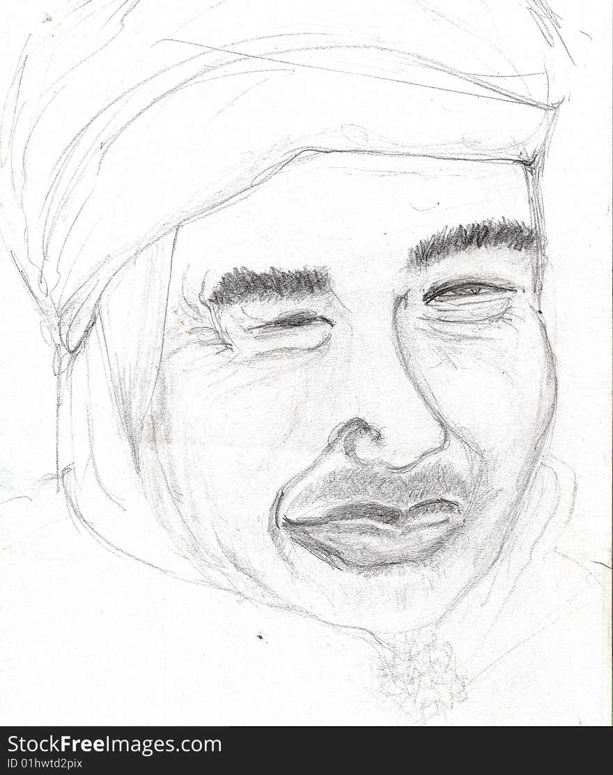 Portrait of old Moroccan man drawing with black pencil. Portrait of old Moroccan man drawing with black pencil.