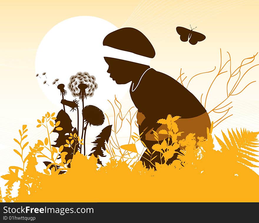 Girl with the dandelion. All elements and textures are individual objects. Vector illustration scale to any size.