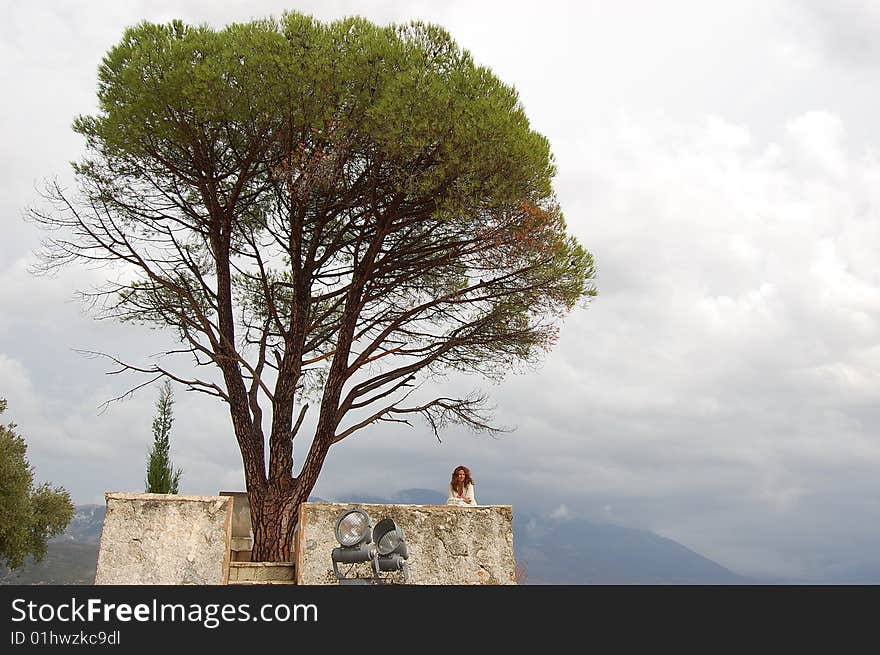 Girl Waiting Under A Pinetree