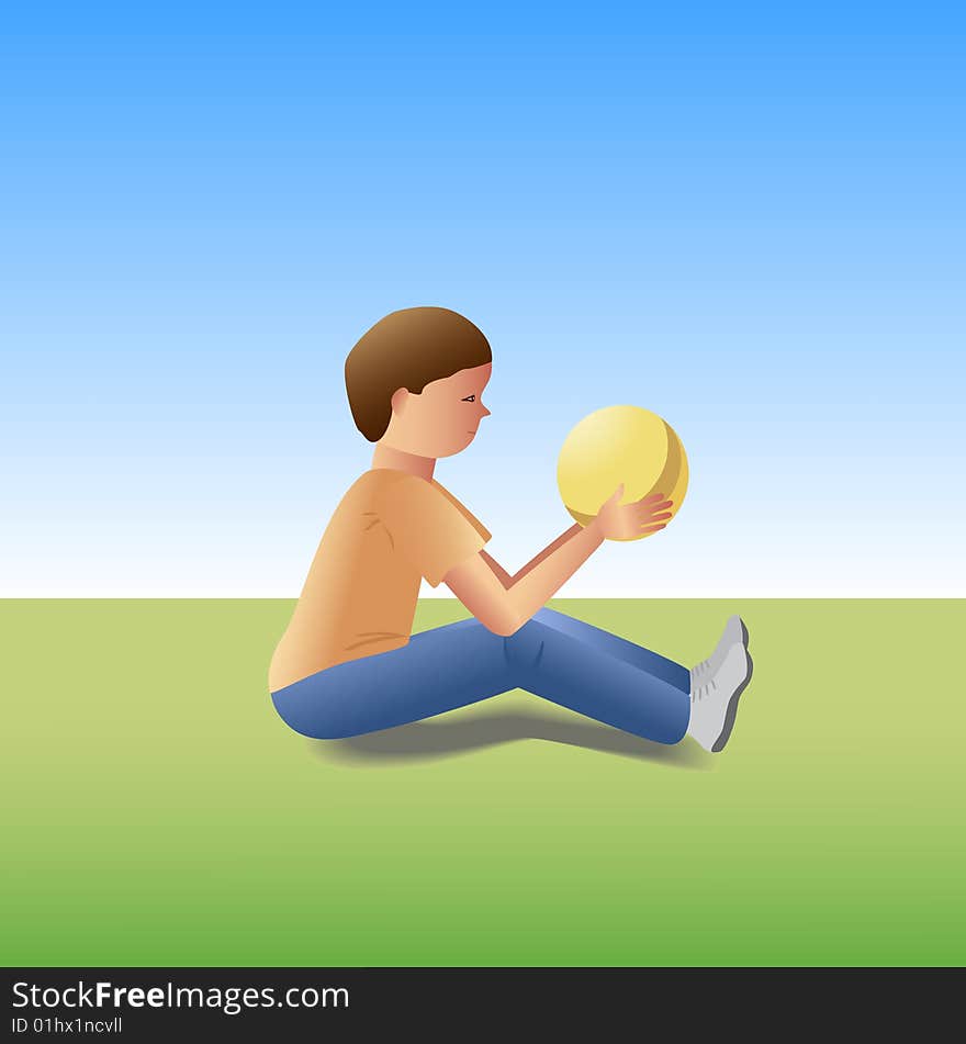 Boy with a ball sitting on a grass.  Ai file be attached. Gradient used. Blend used.