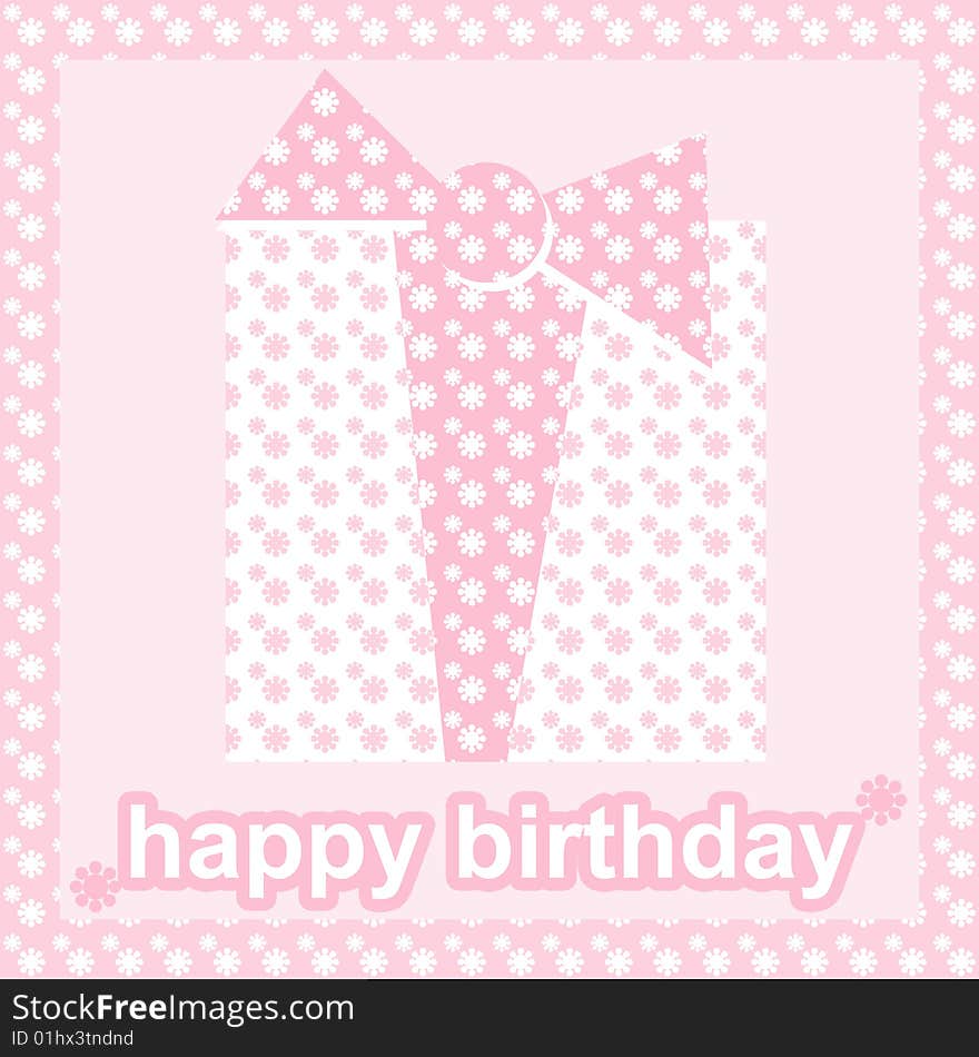 A happy birthday card showing a gift wrapped with pink paper