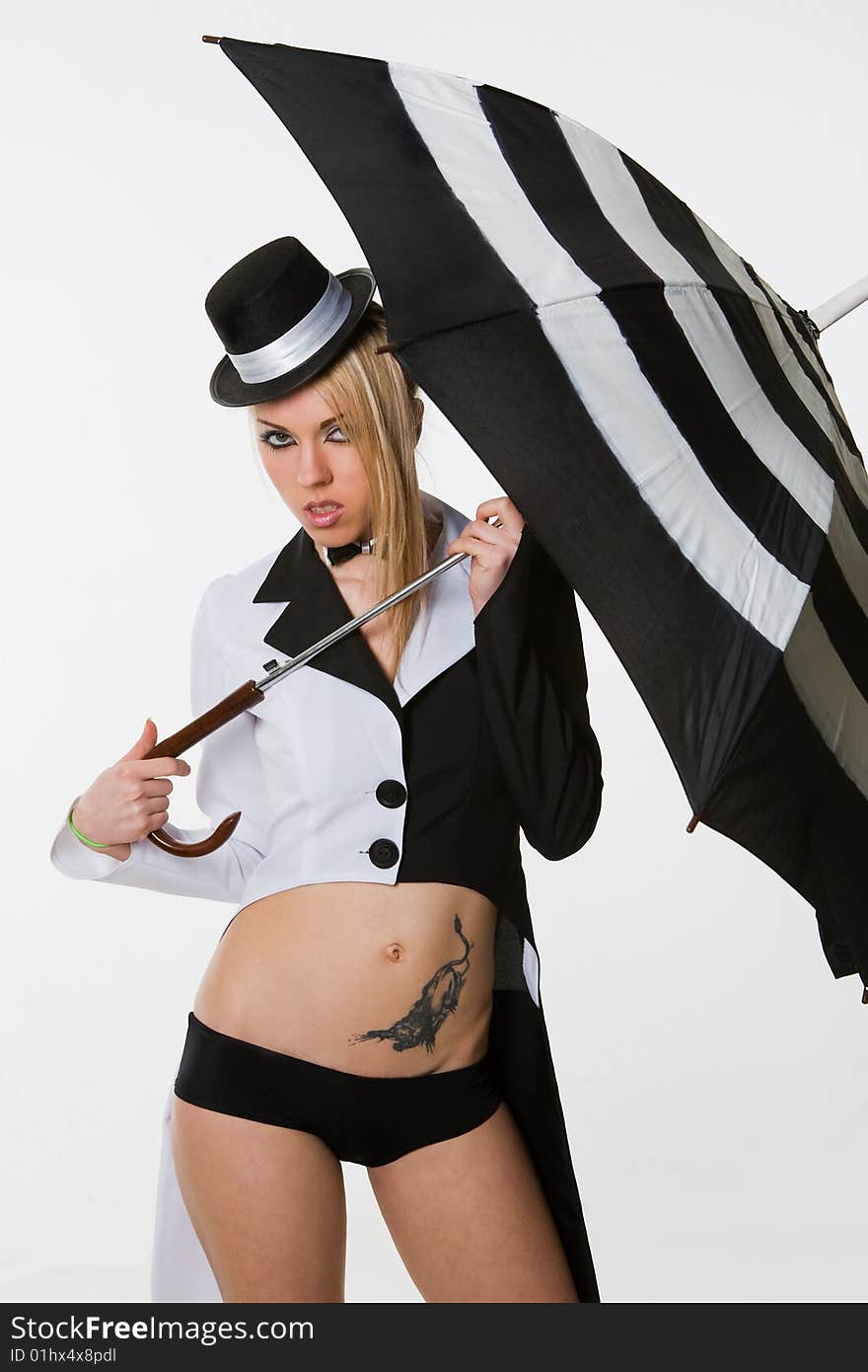 woman with small top hat and umbrella over white. woman with small top hat and umbrella over white