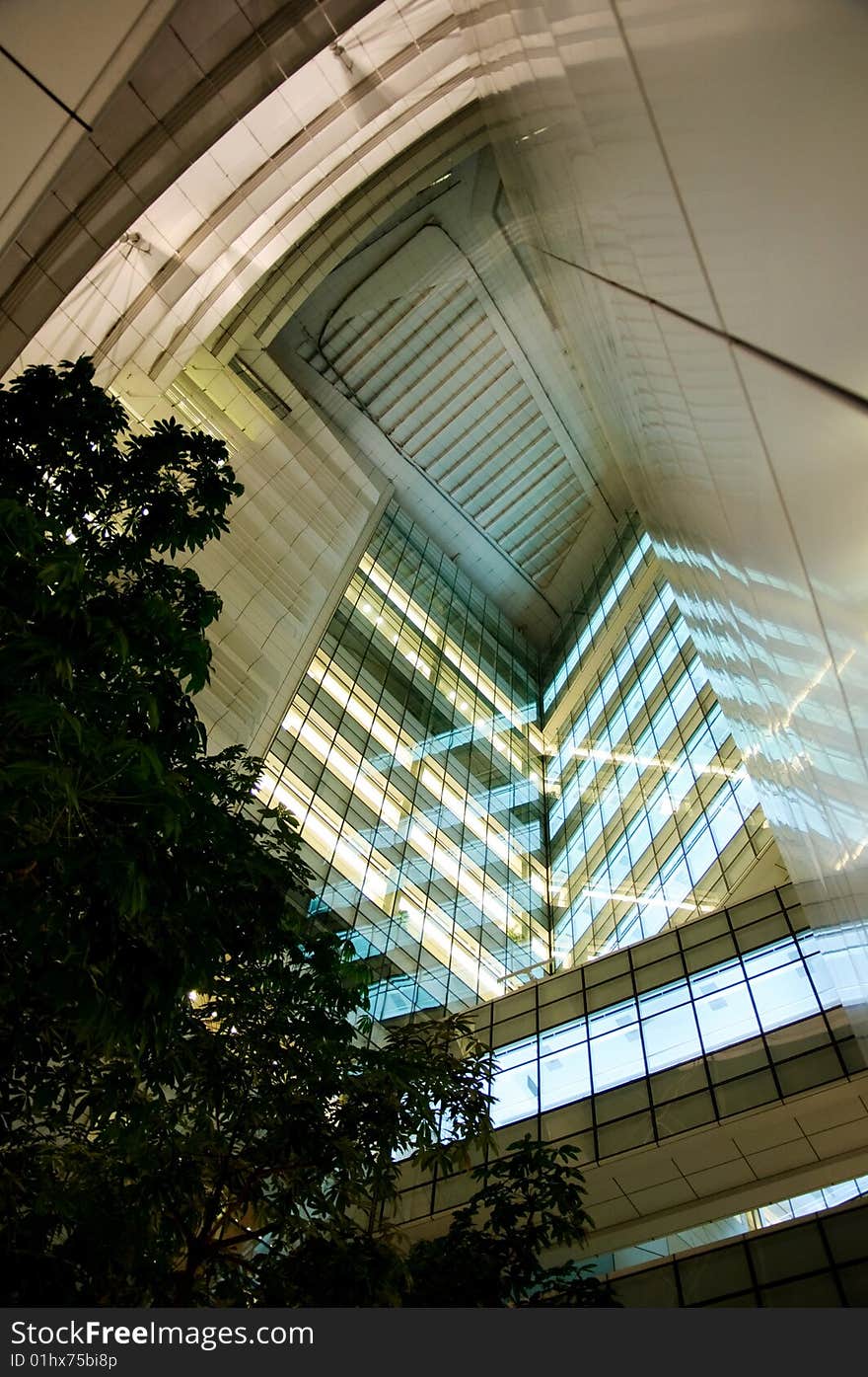 Plaza of a modern building at night