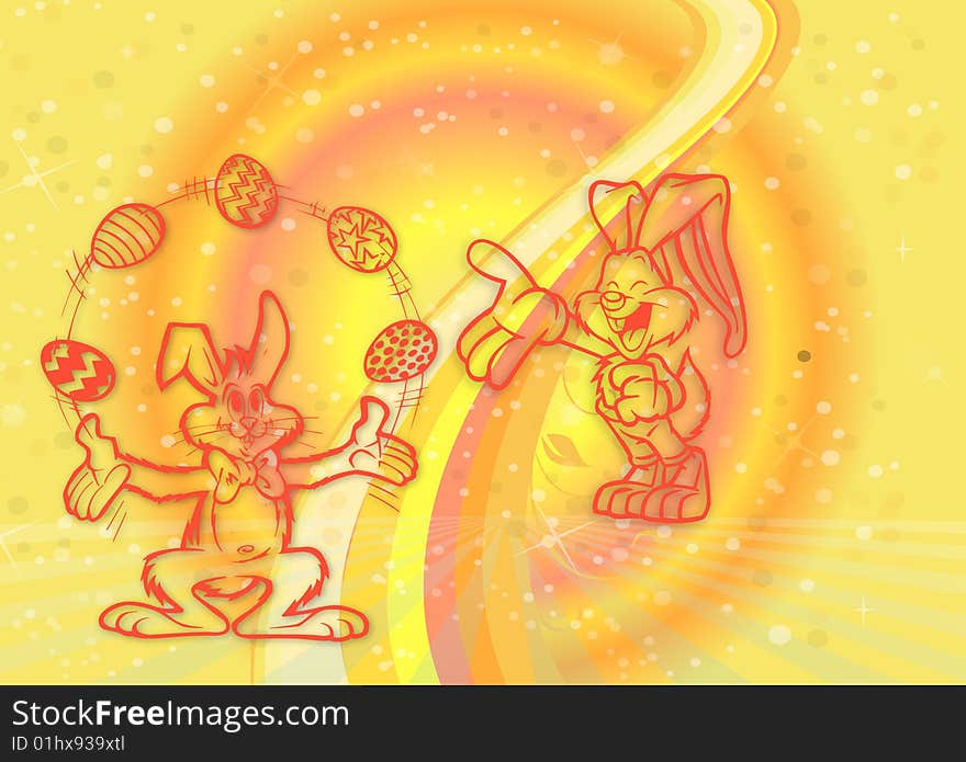 Easter illustration with bunnies and eggs on colorful background. Easter illustration with bunnies and eggs on colorful background