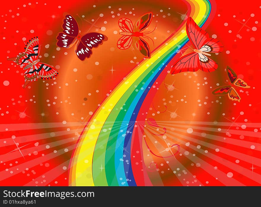 Rainbow illustration with butterflies on colorful background. Rainbow illustration with butterflies on colorful background