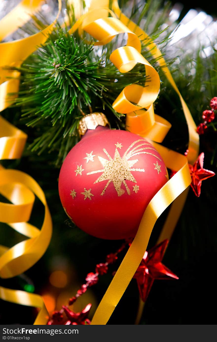 Christmas balls on pine tree