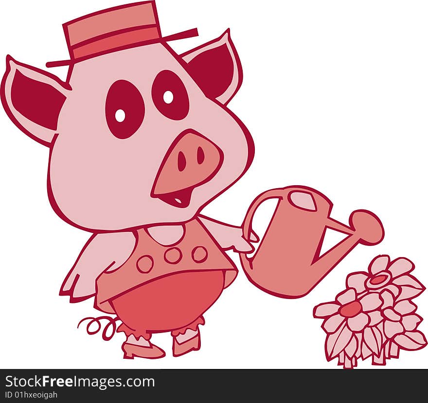 Pig with water can irrigating a flower