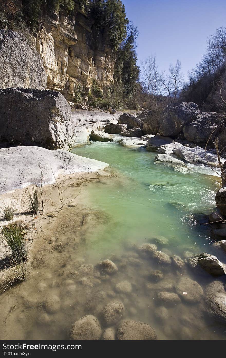 View of the bed of a river in the Abruzzo region of central Italy. View of the bed of a river in the Abruzzo region of central Italy