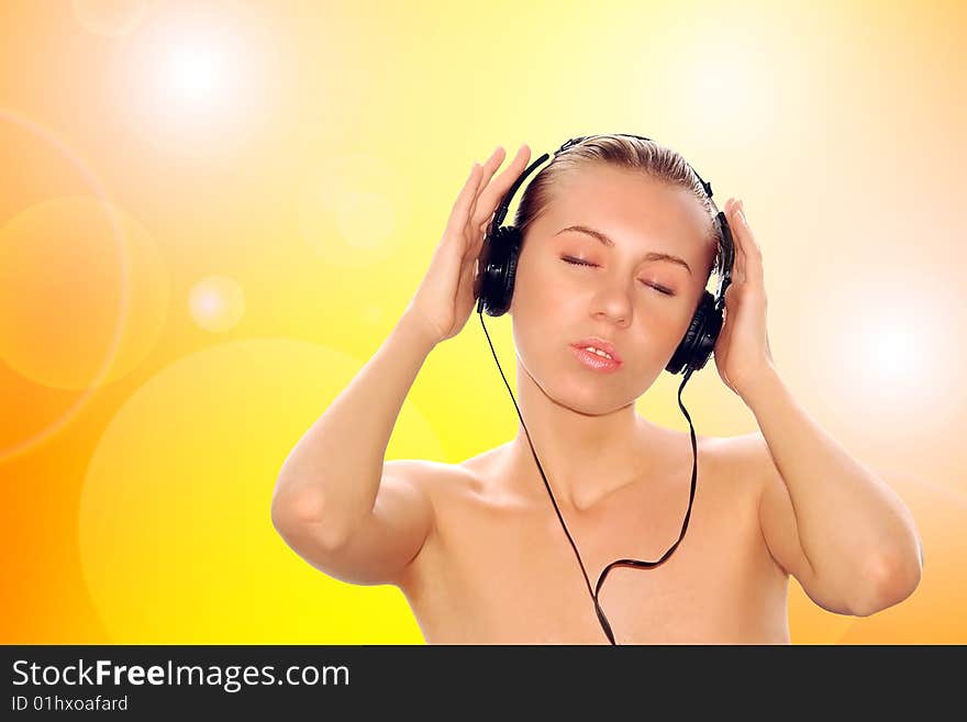 Portrait of happiness young women with beautiful face in headphones and listening music on white. Portrait of happiness young women with beautiful face in headphones and listening music on white