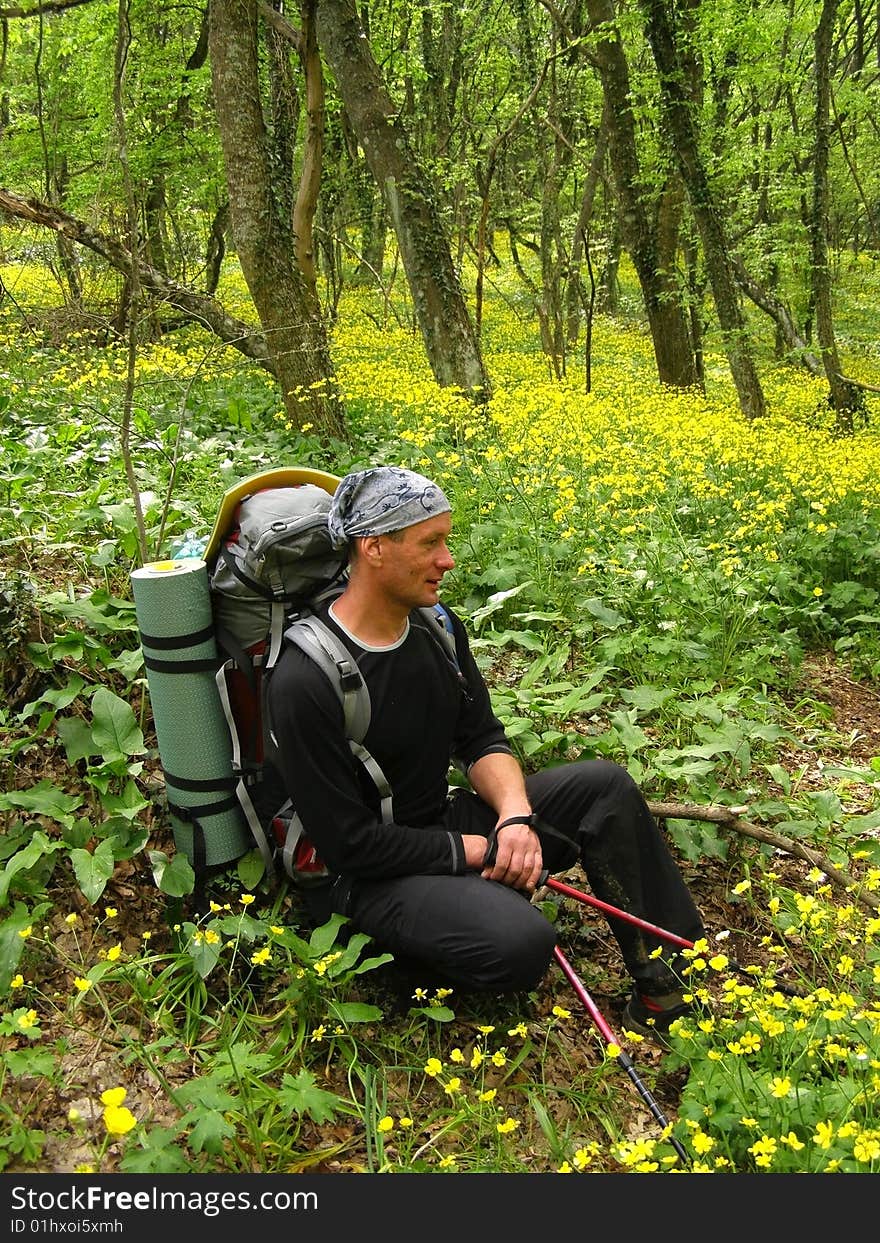 Hiker in flowers