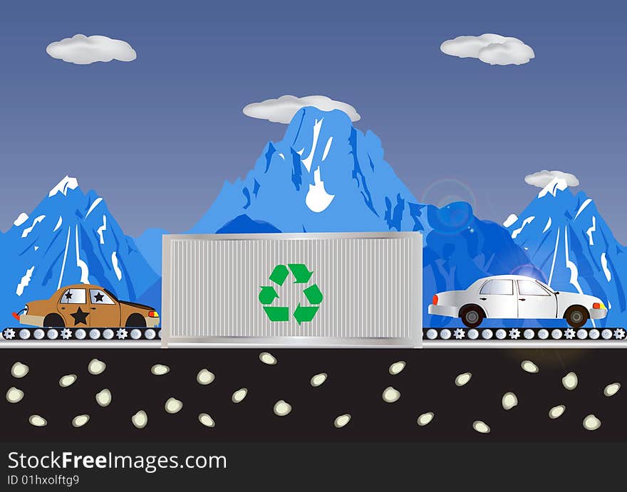 Abstract vector illustration of a car recycling process with mountains in background. Abstract vector illustration of a car recycling process with mountains in background