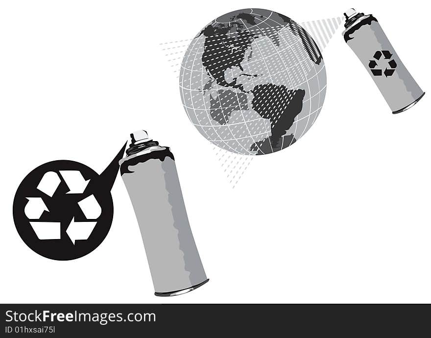 Two fun black and white vector illustrations of recycle spray.