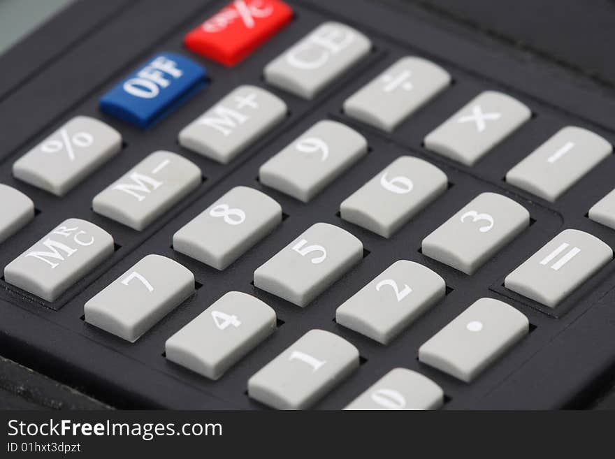 Close up of black calculator number keypad.