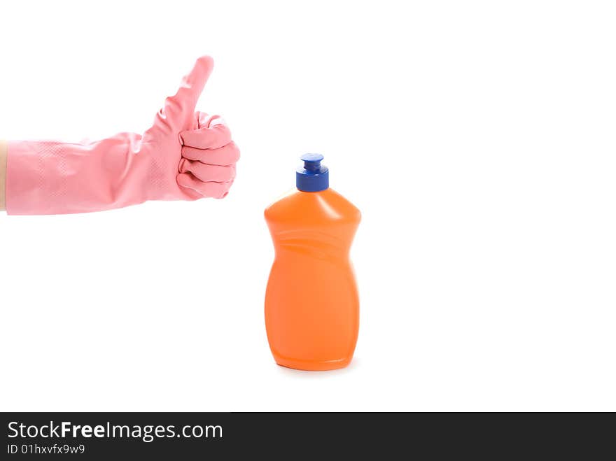 Hand and cleaning agent isolated on white. Hand and cleaning agent isolated on white