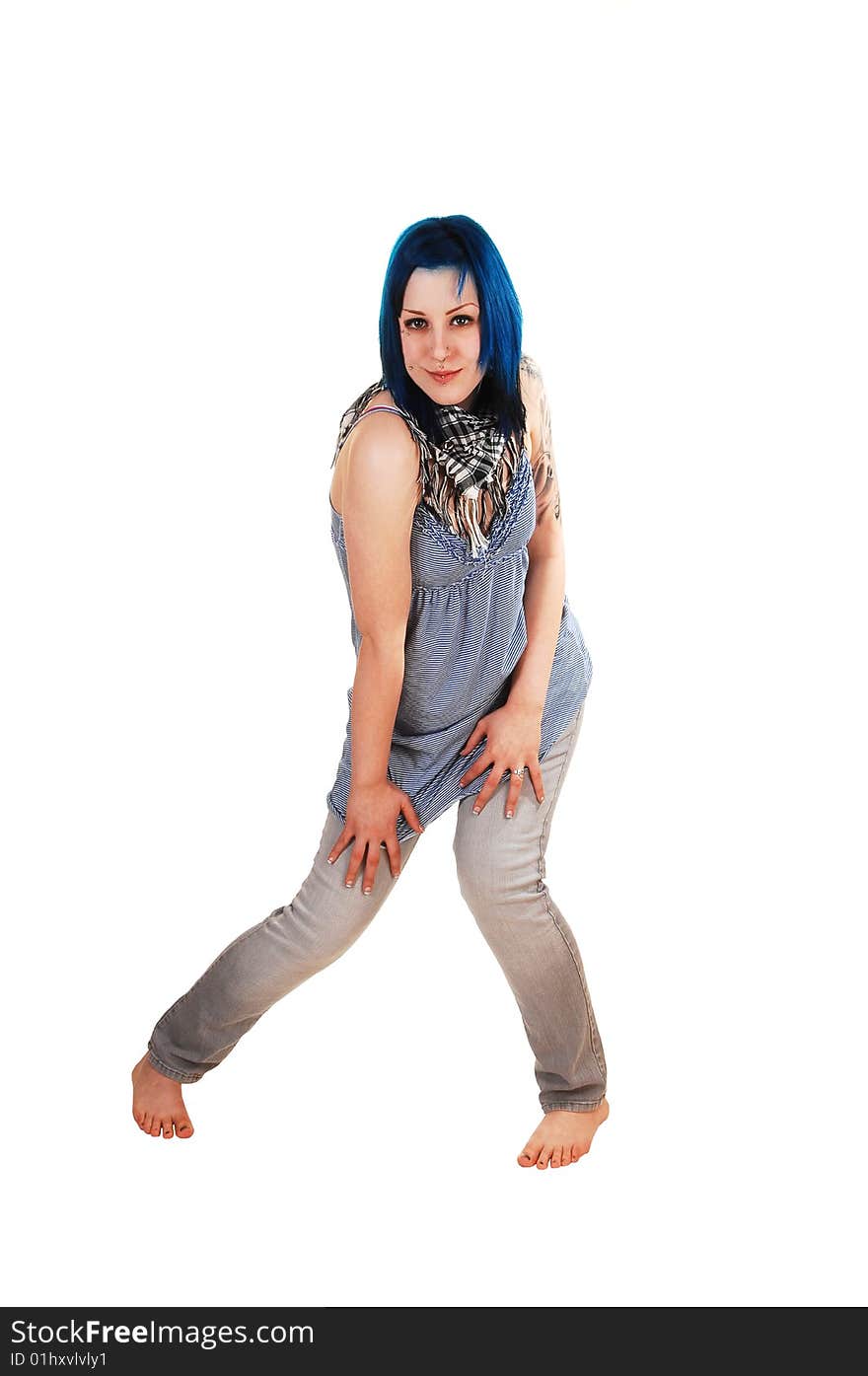 Blue hair girl standing.