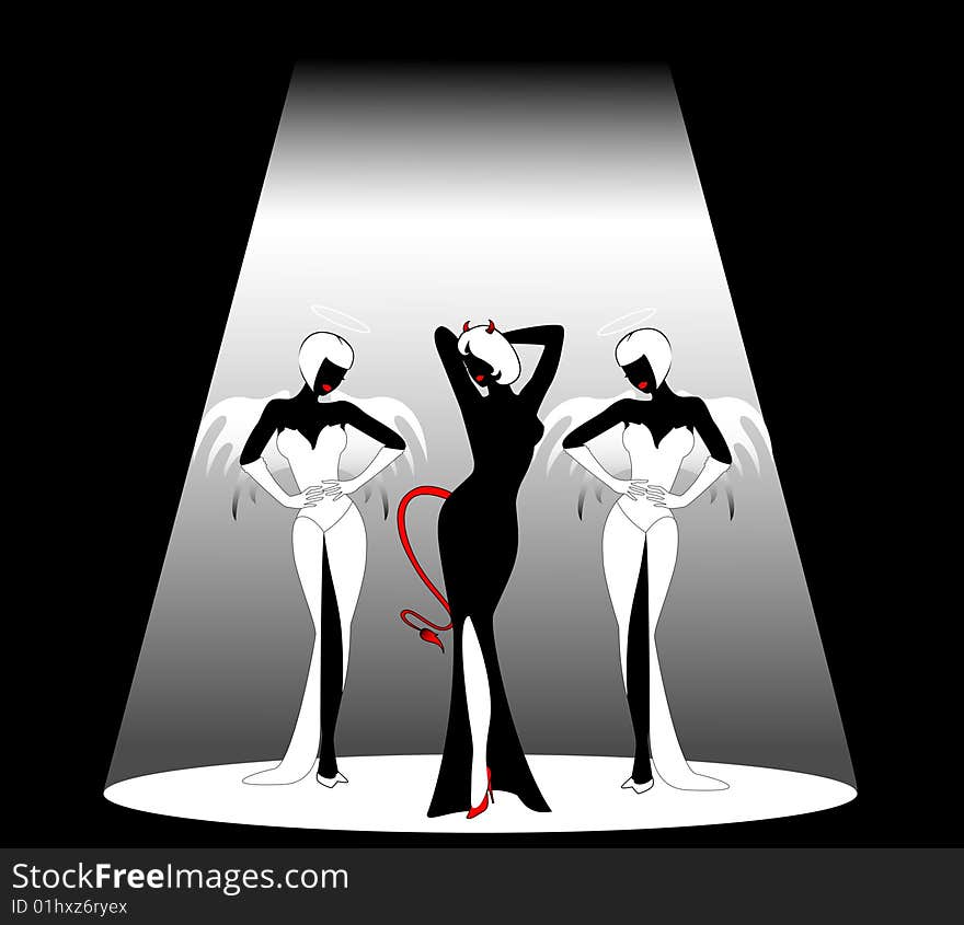 Silhouettes of an angels and devil on a black background