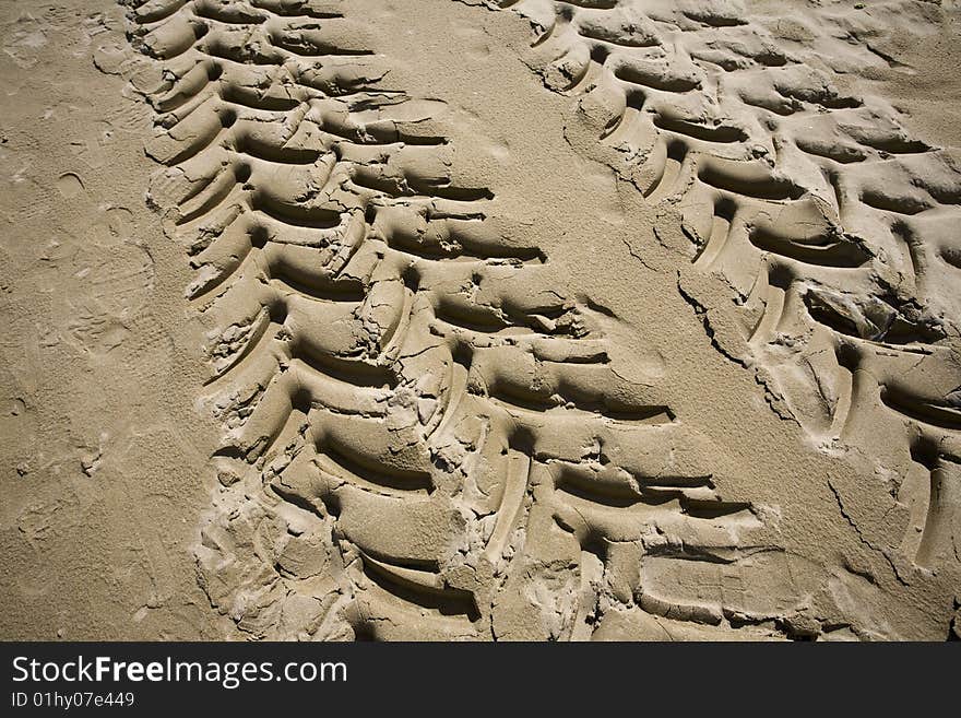 Wheel imprints on the sand of the beach