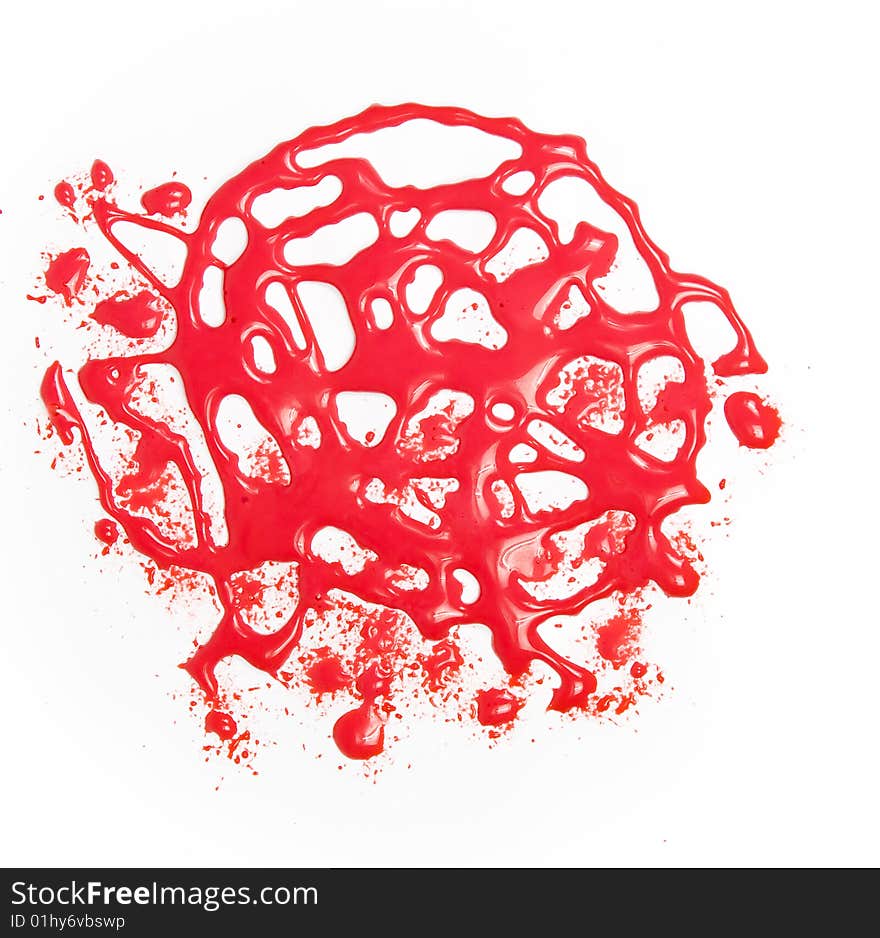 Original red blot from glass deco paint on white background