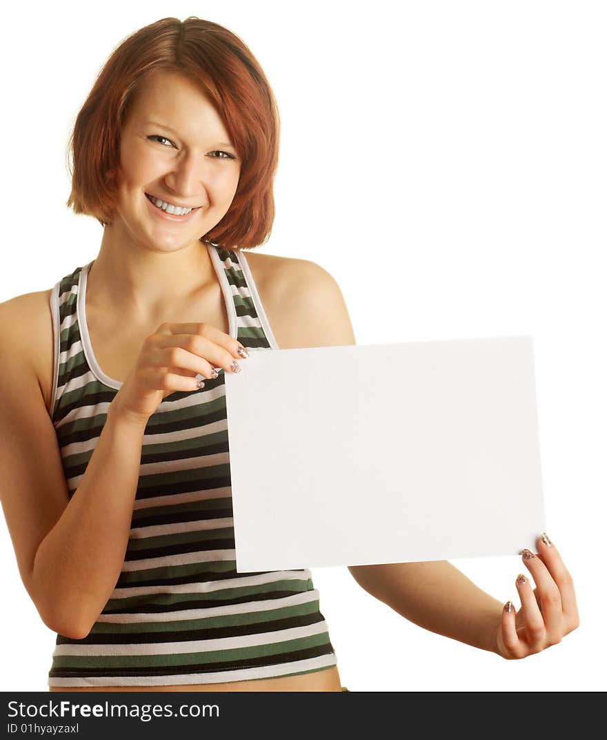 Young girl with the sheet of white paper. Young girl with the sheet of white paper