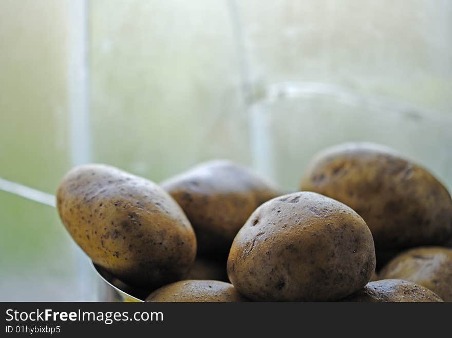 Potatoes in saucepan in front of window