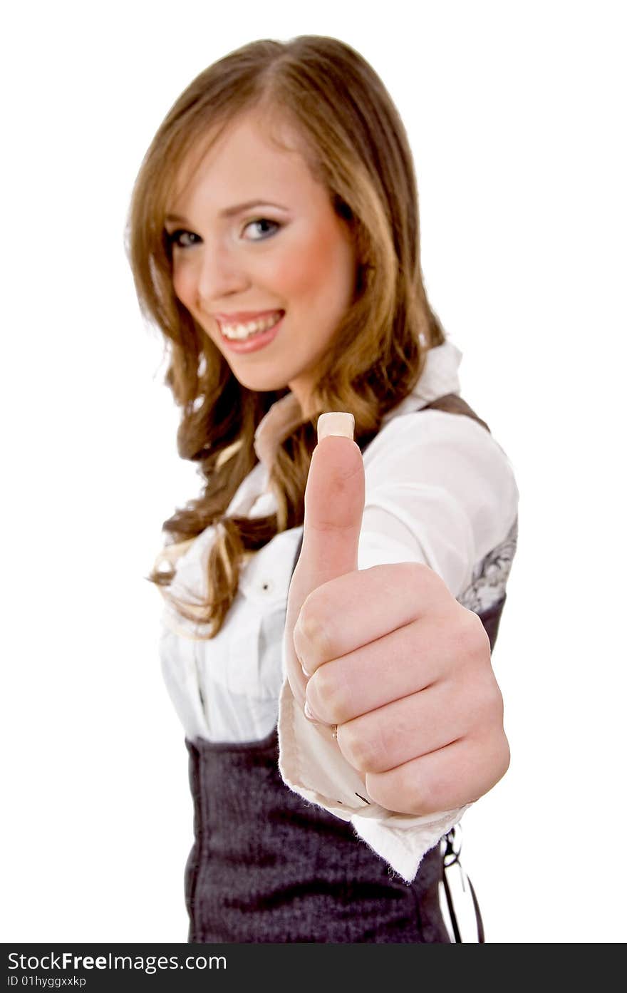 Side view of smiling woman with thumbs up on an isolated white background