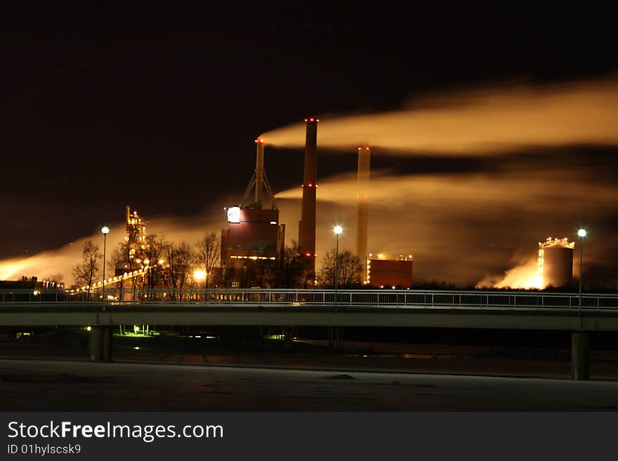 Factory smoke at night with long exposure effect