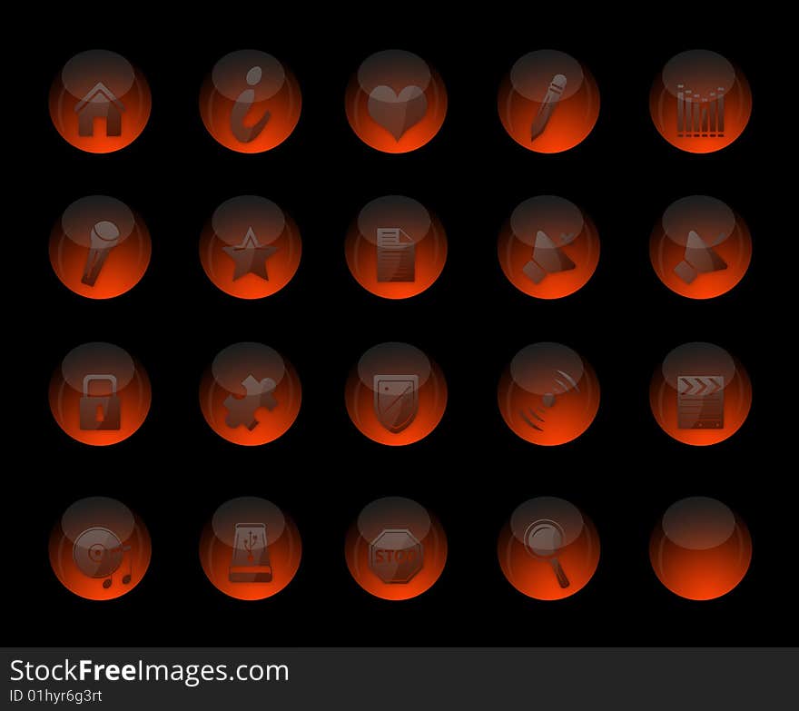 Set of 20 orange glass icons, web and multimedia