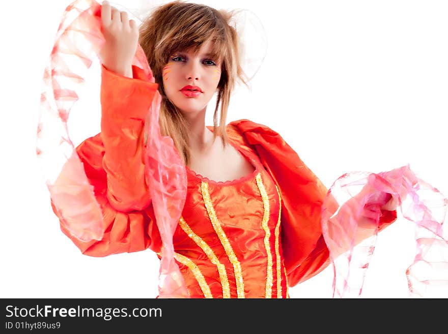 Cute teenage girl presenting her orange fancy dres