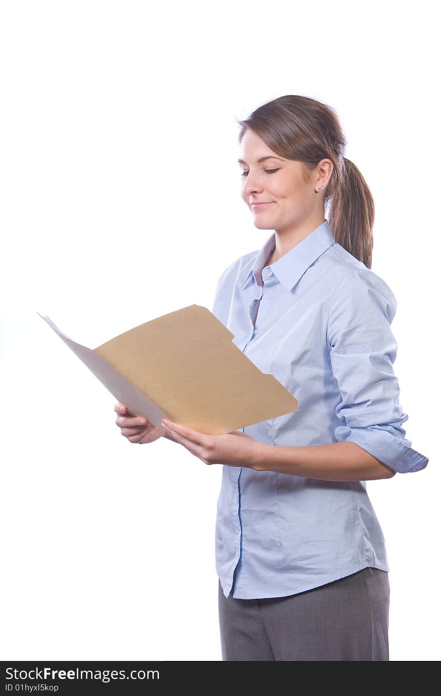 Business Woman Reading Documents Isolated On White