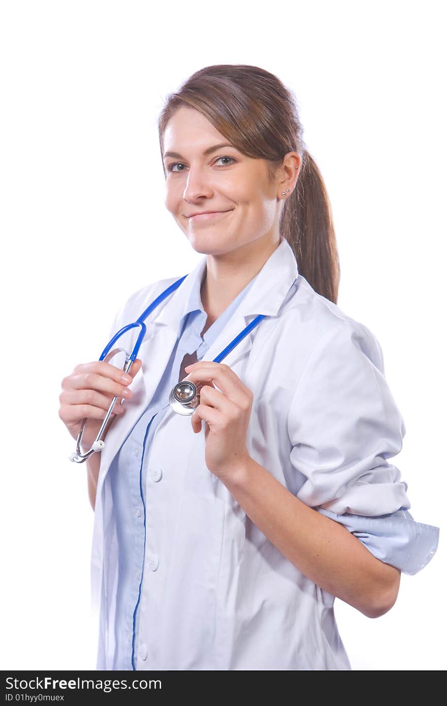 Woman doctor holding stethiscope isolated on white