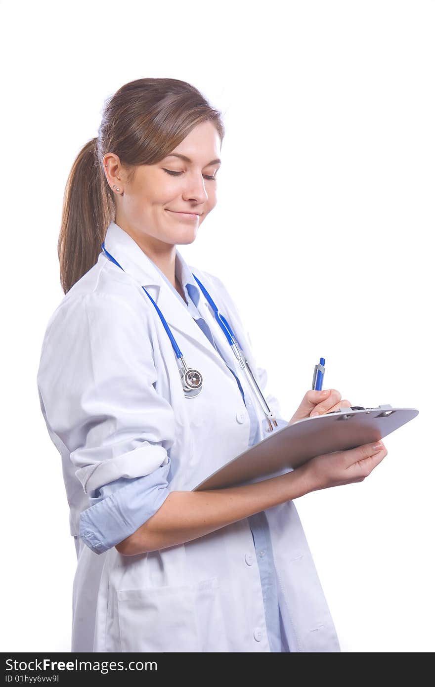 Woman doctor holding chart isolated on white