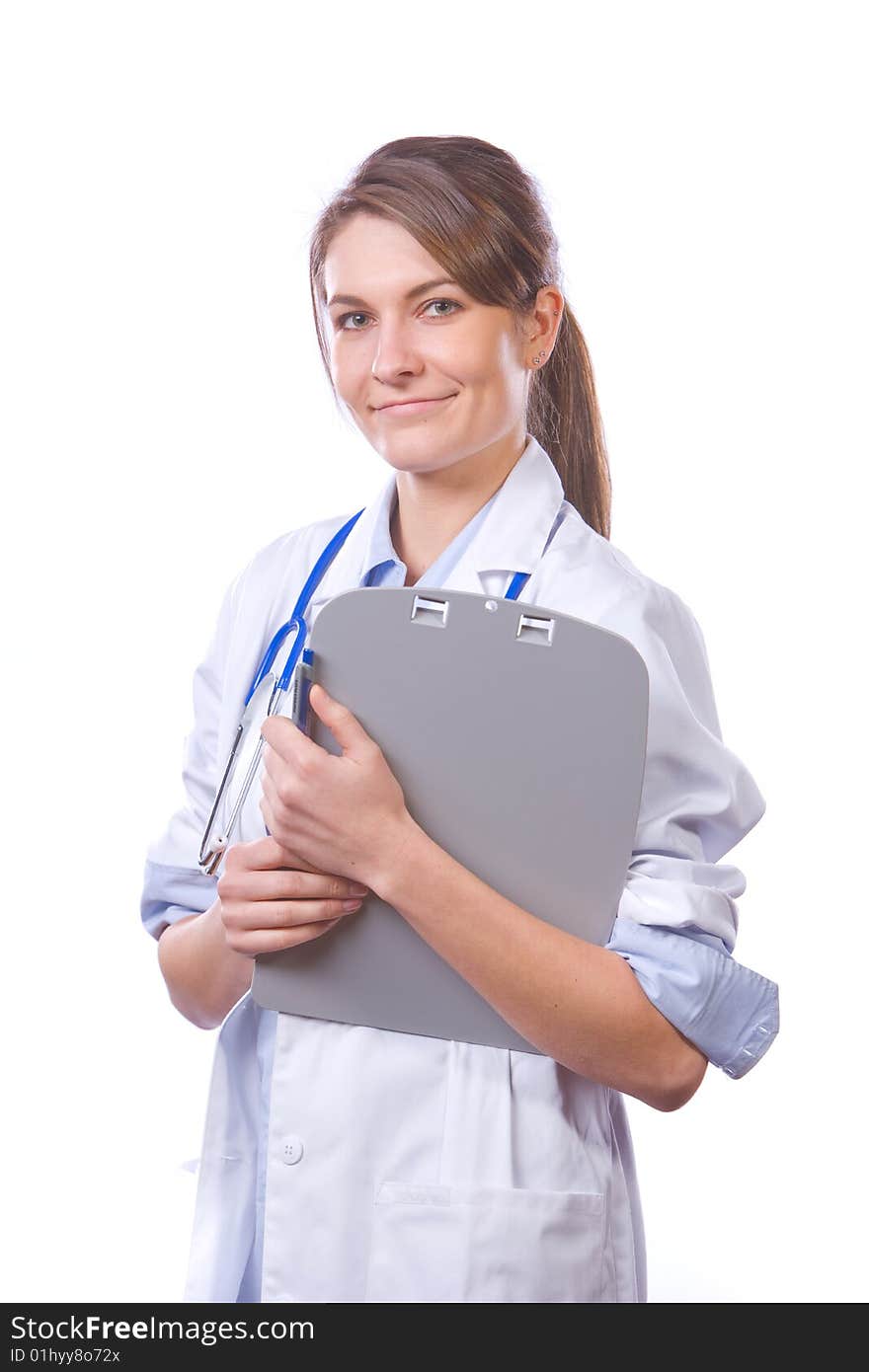 Woman doctor holding chart isolated on white