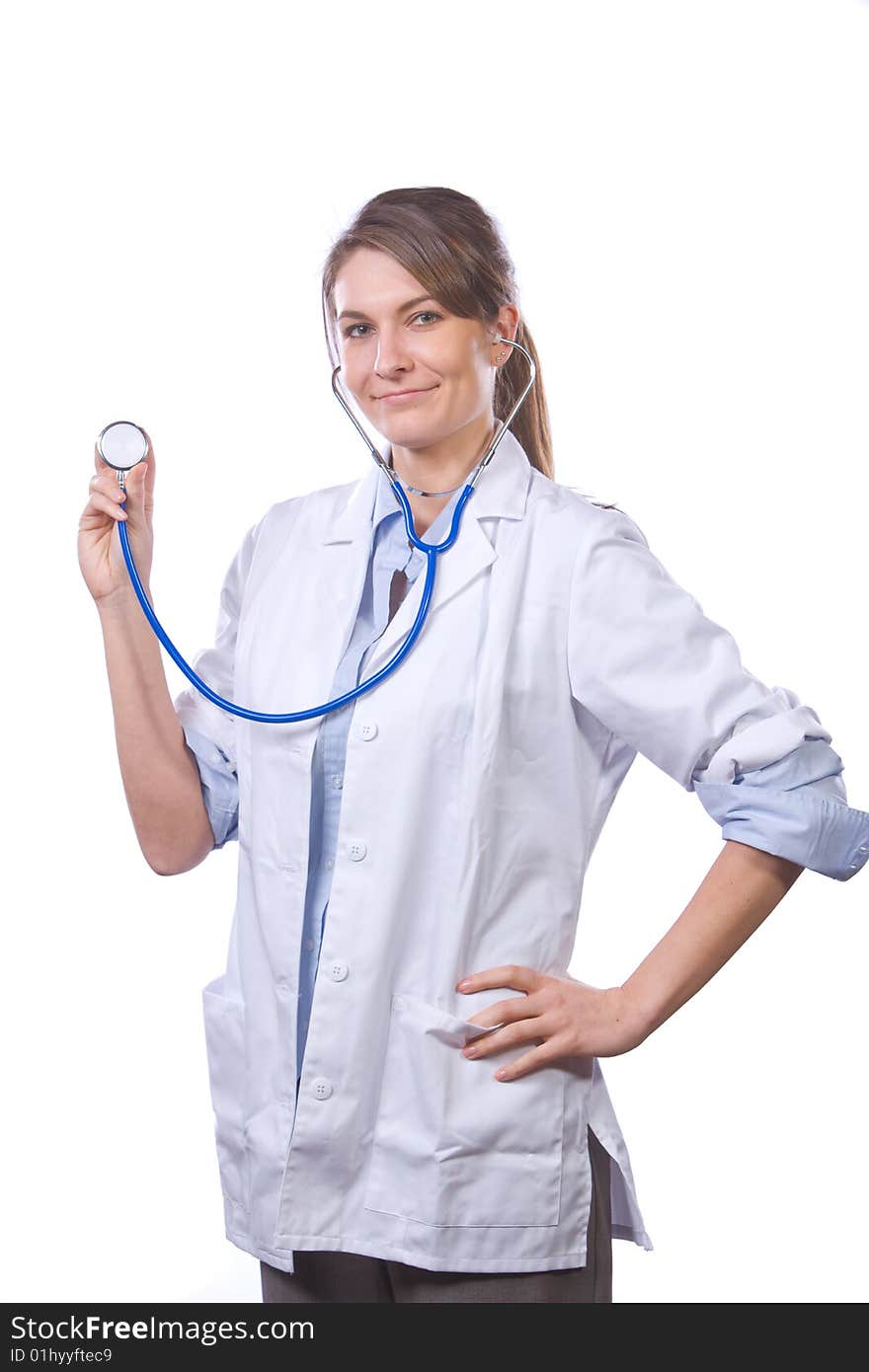 Woman doctor holding stethiscope isolated on white