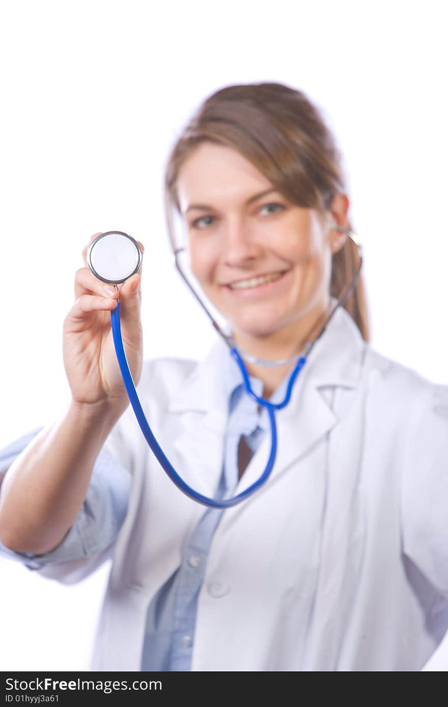 Woman doctor holding stethiscope isolated on white focus on stethoscope